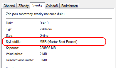 Typ oddílu MBR GPT