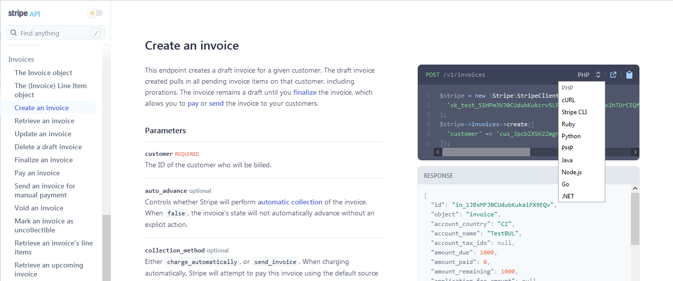Stripe API Create an invoice – PHP