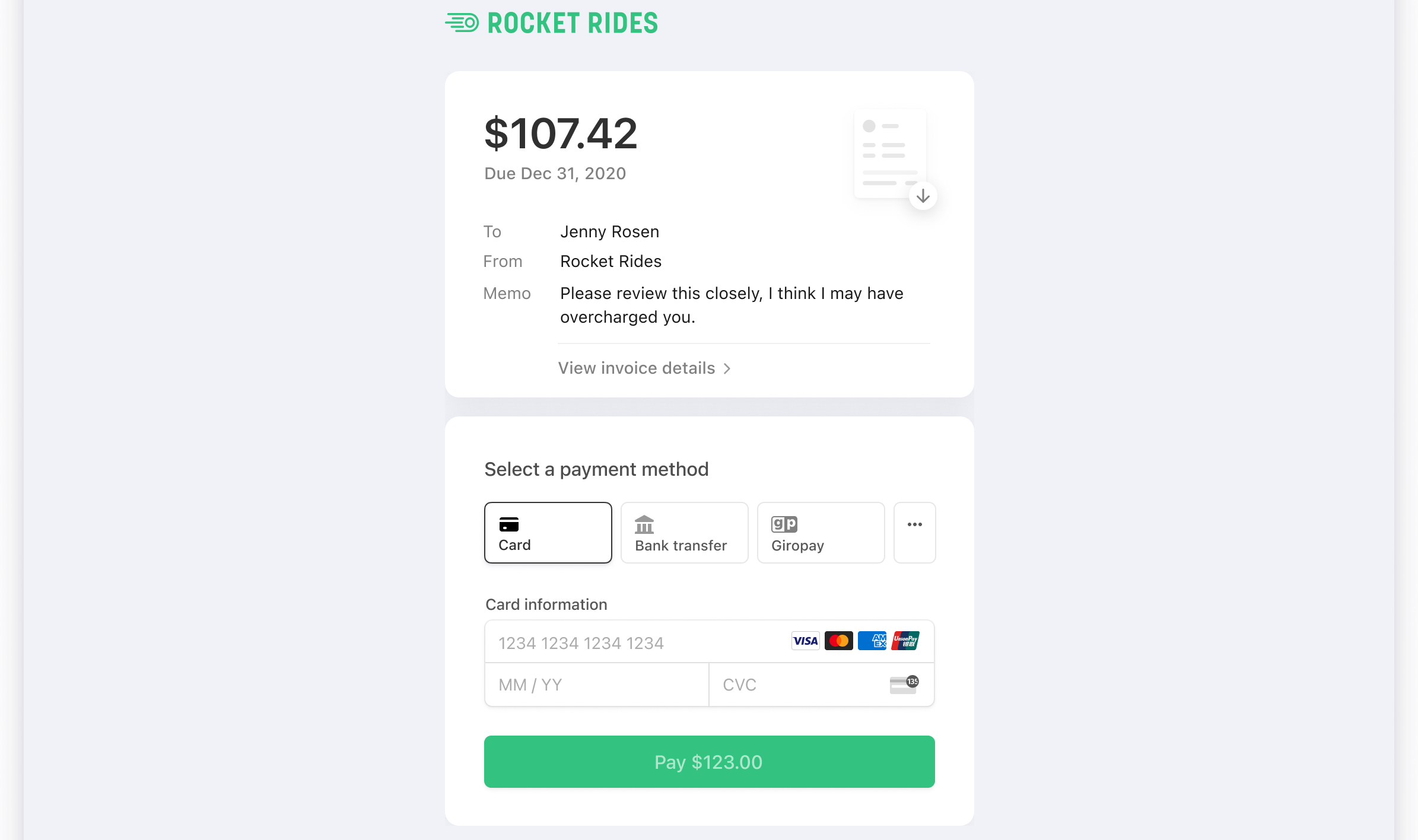 Stripe Hosted invoice page