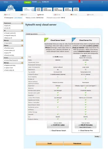Volba varianty nového VPS serveru